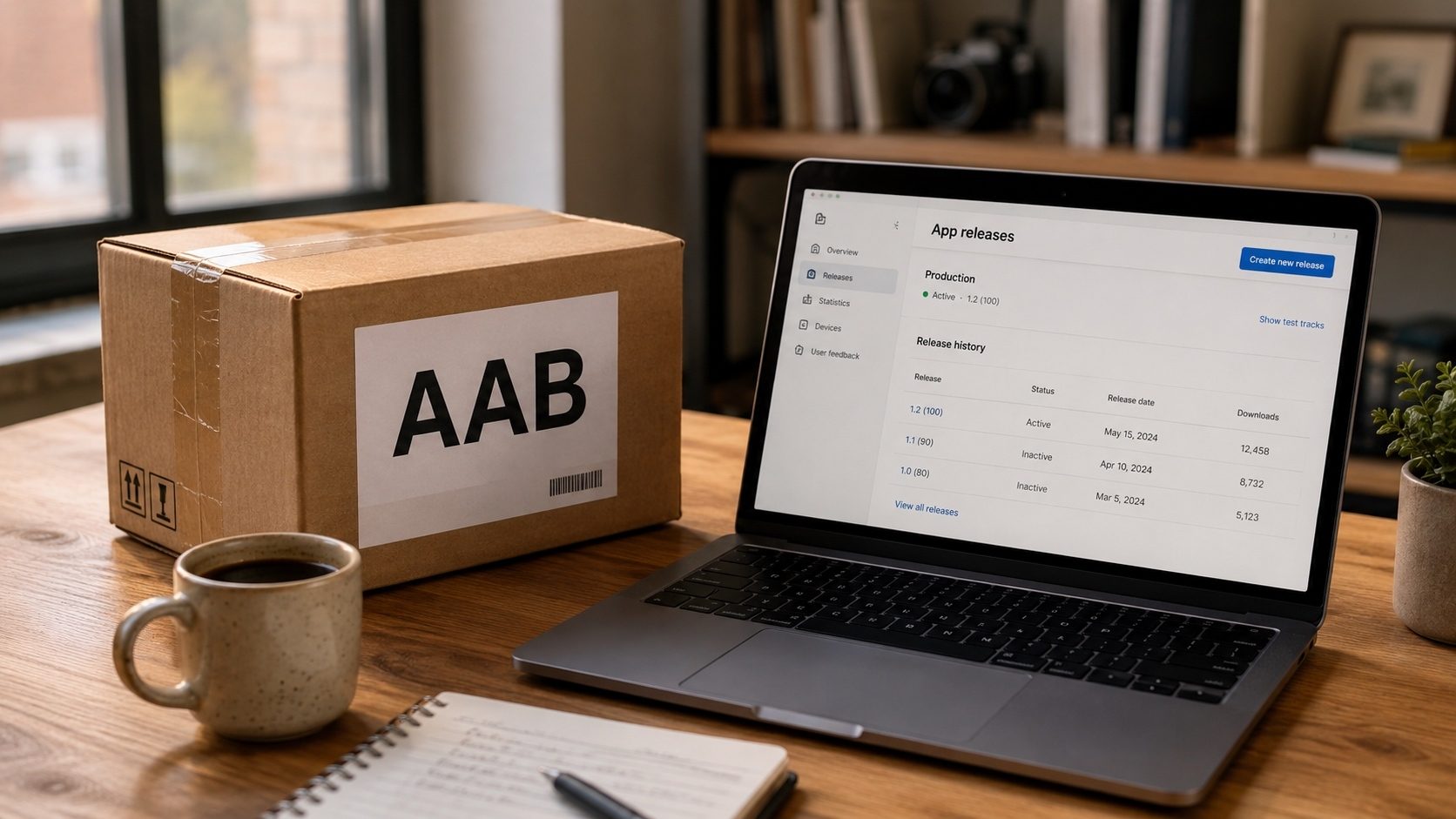 A sealed parcel labeled AAB on a developer desk, illustrating the Android App Bundle format
