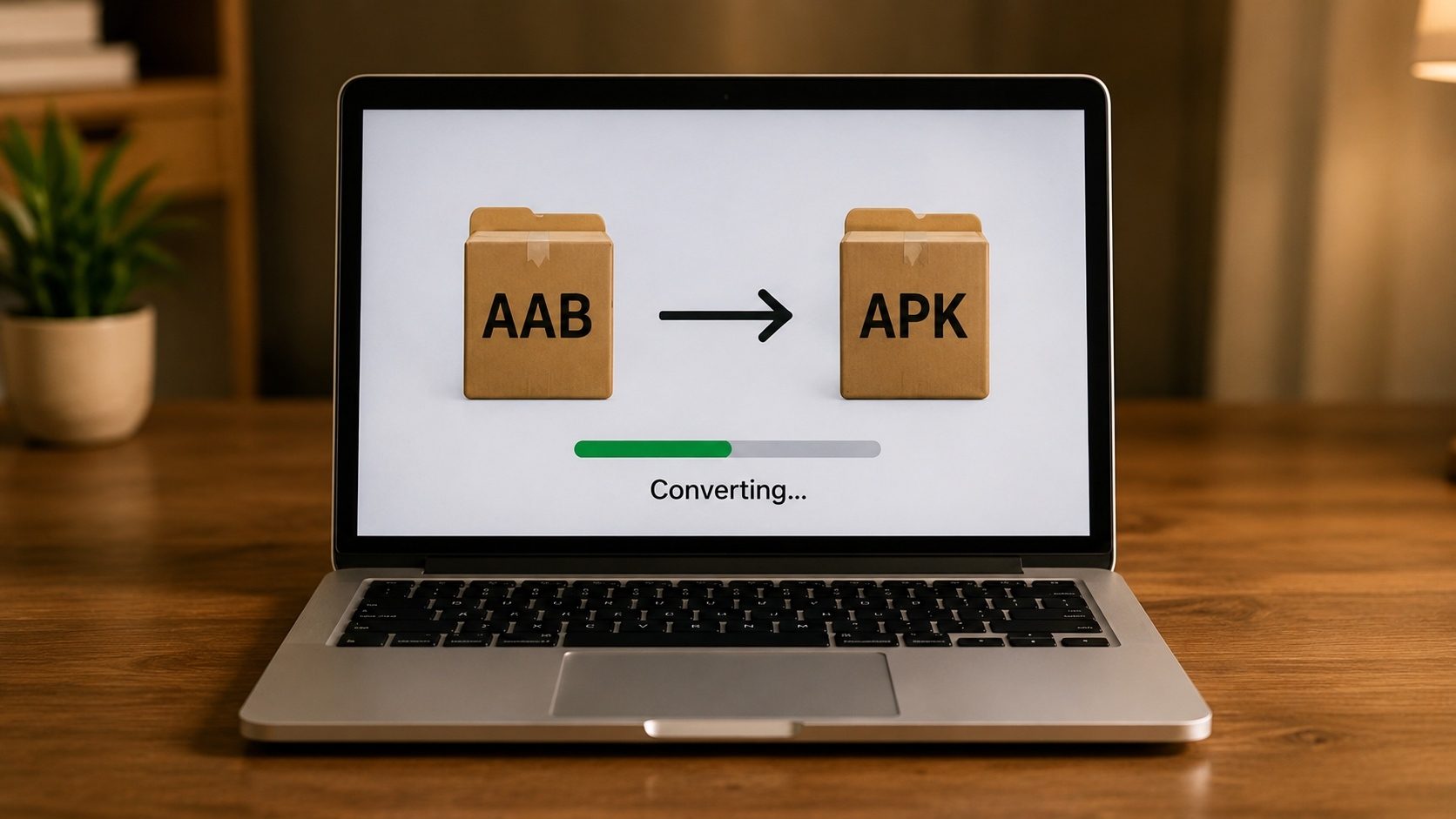A parcel labeled AAB with an arrow pointing to an installable app on a phone