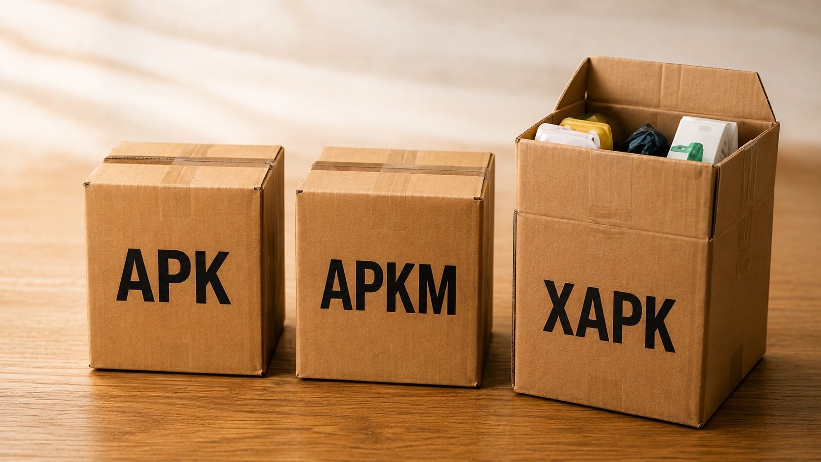 Three kraft boxes labeled APK, APKM and XAPK comparing Android package formats