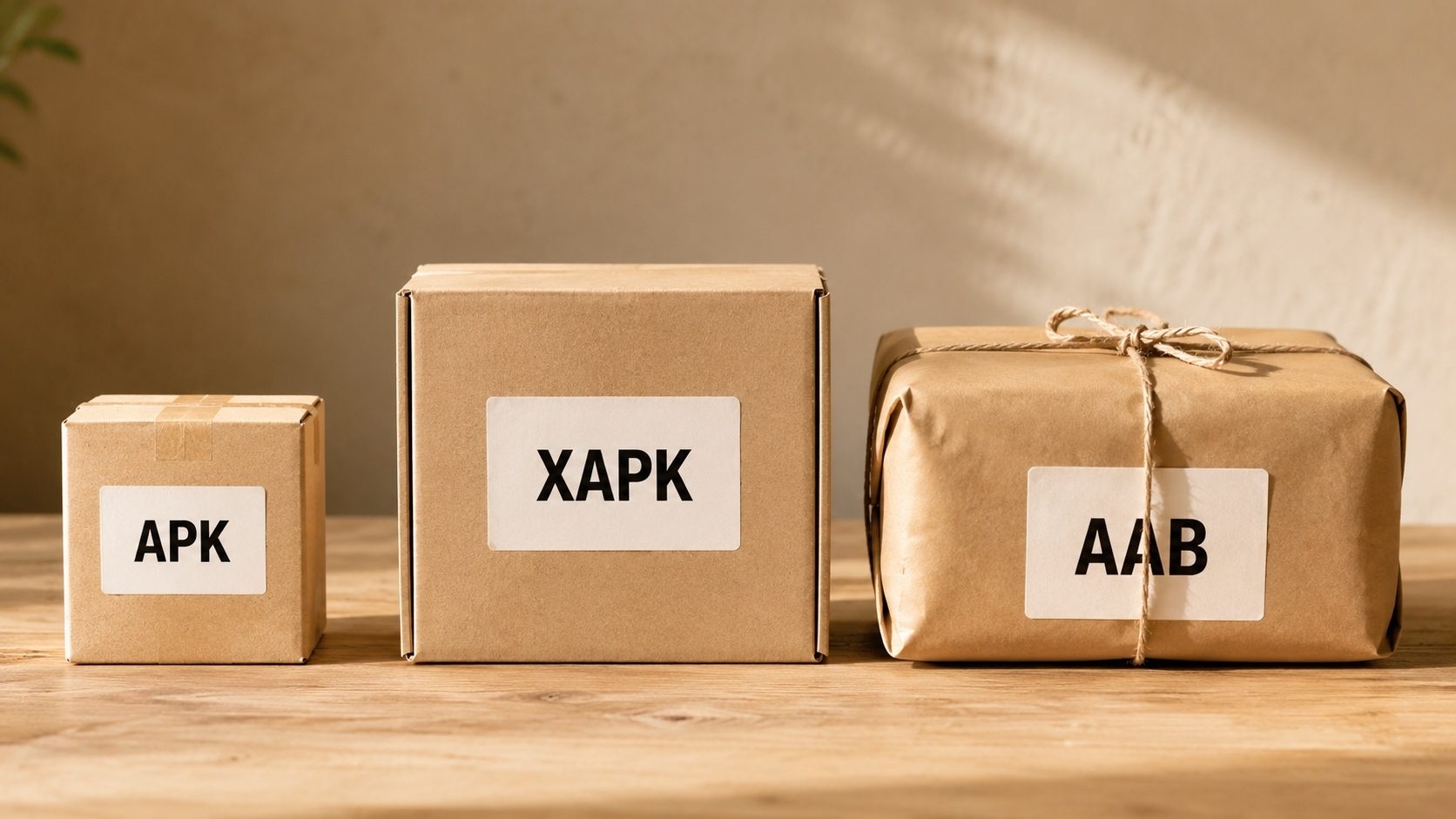 A small APK box, a bigger XAPK box and a sealed AAB parcel compared in a row