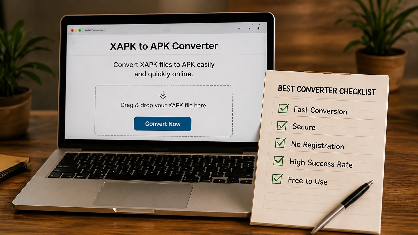 A laptop showing an online file-conversion tool beside a comparison checklist