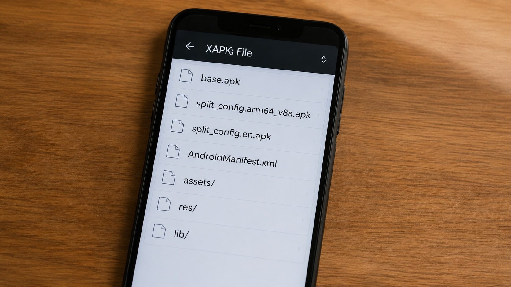 A flat-lay of file cards labeled BASE, SPLITS, OBB and MANIFEST around a phone, showing what is inside an XAPK
