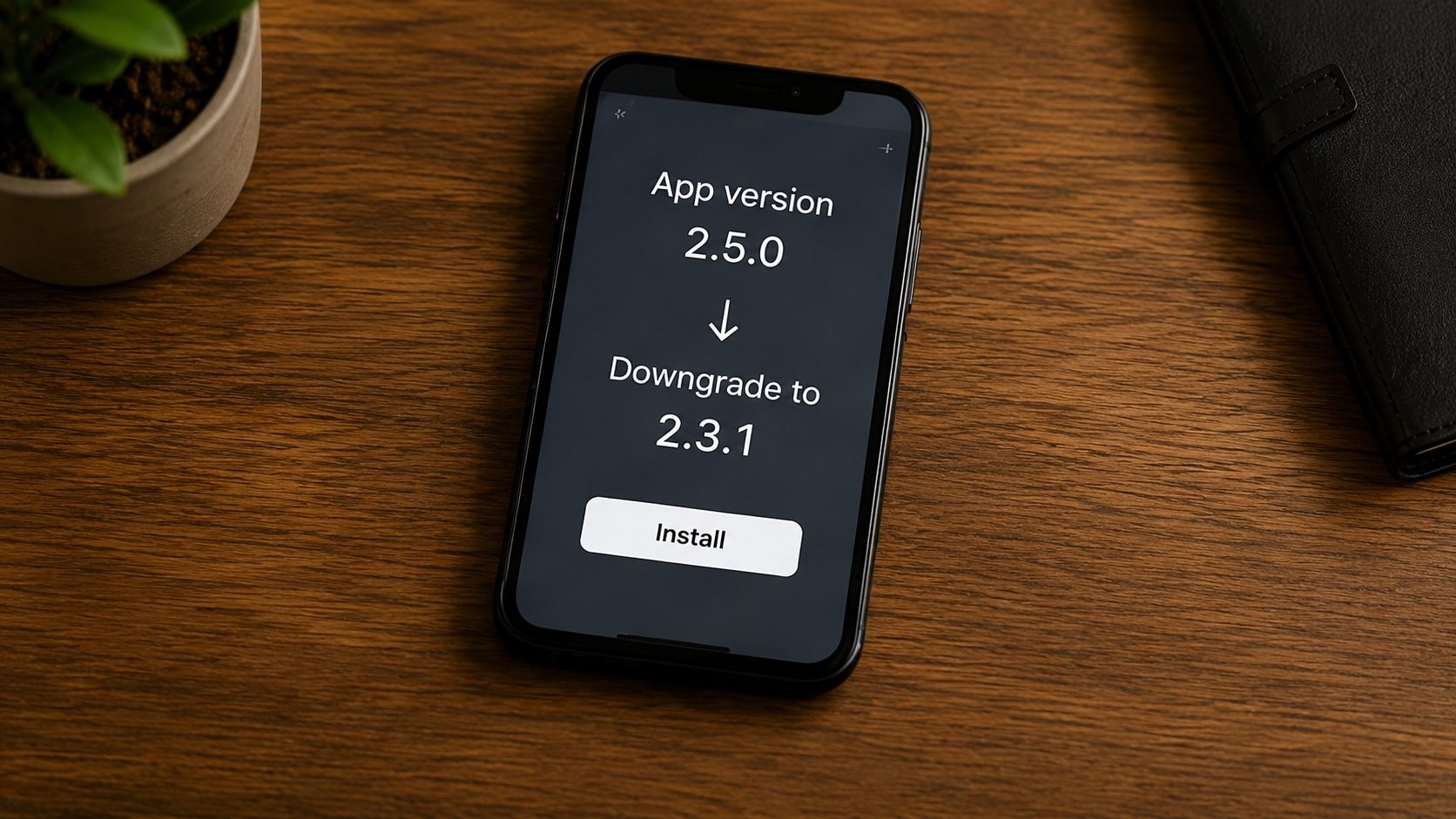 A smartphone showing version numbers with a hand turning a dial backwards