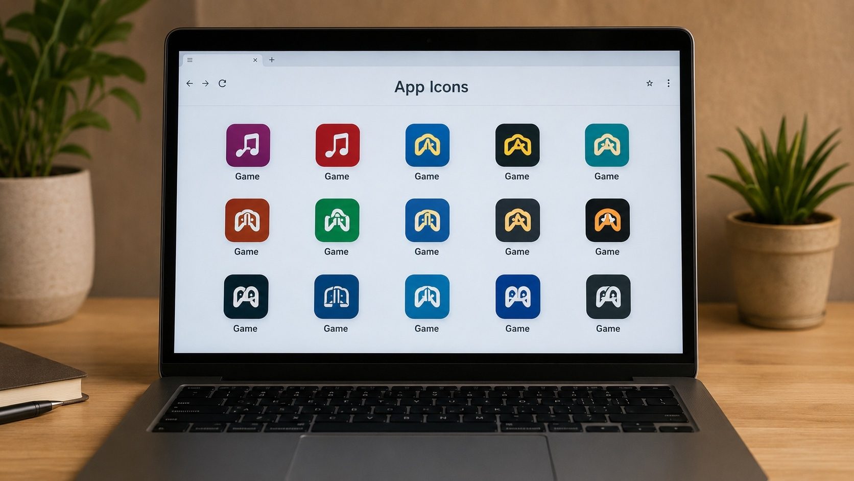 Printed app-icon stickers laid out with a magnifying glass