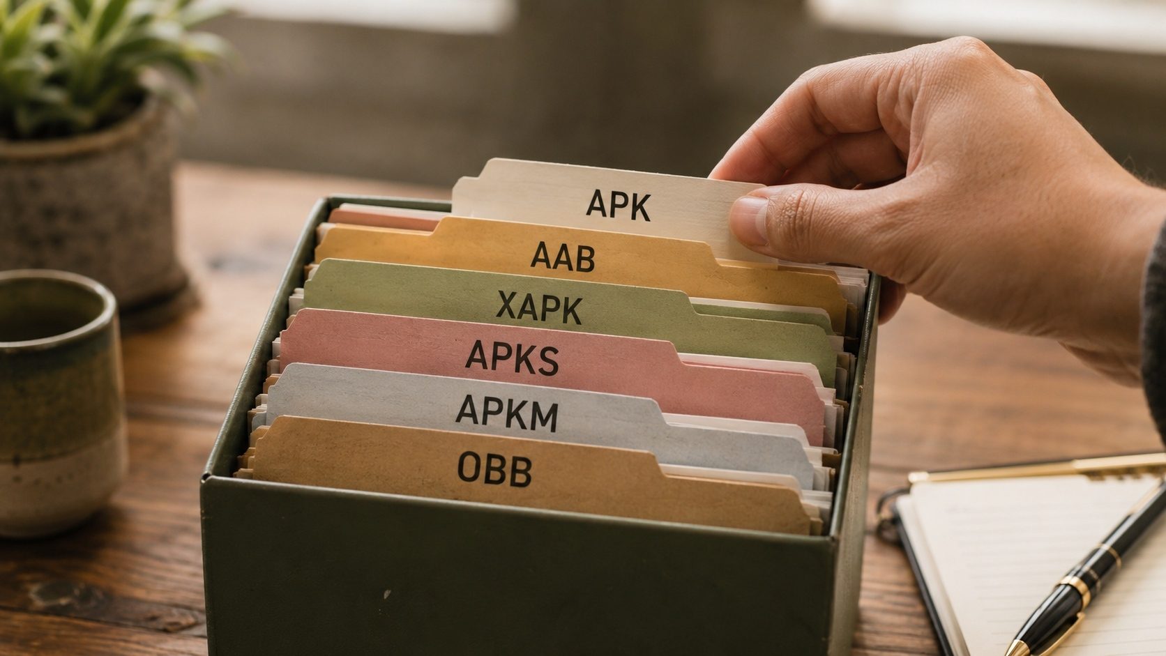 A filing tray with tabs labeled APK, AAB, XAPK, APKS, APKM and OBB