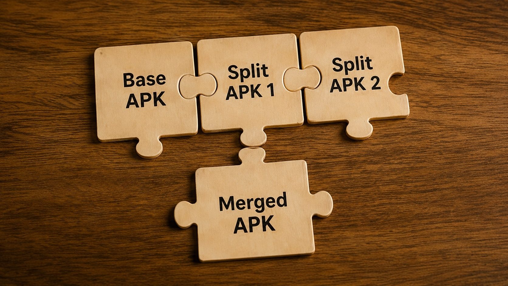 Puzzle pieces combining into one APK card, illustrating merging split APKs