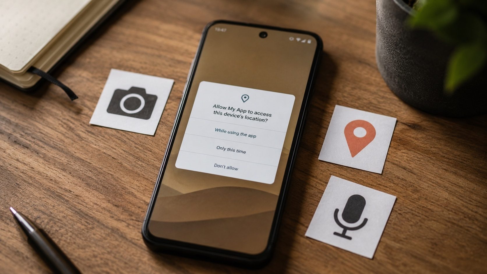 A smartphone showing an app permission request beside camera, location and microphone icons