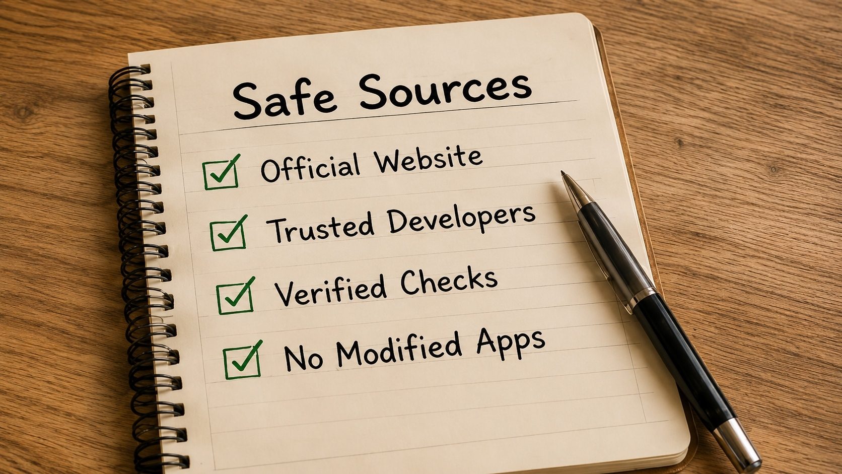 A security checklist clipboard and magnifying glass over a phone download page