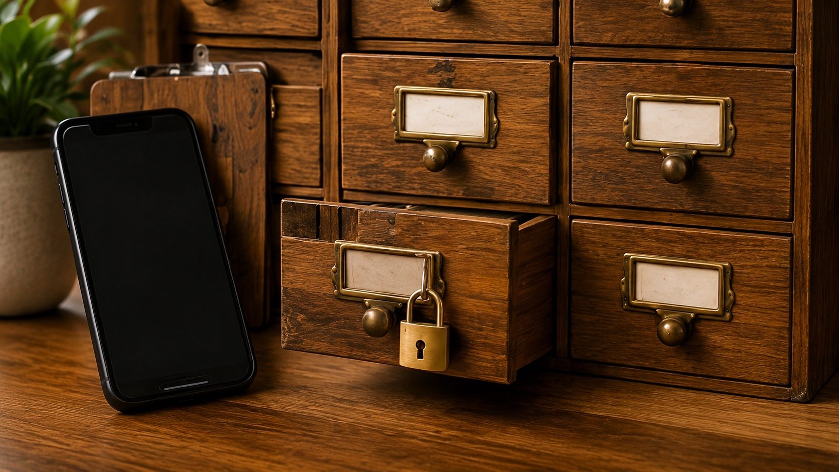 A smartphone beside small storage drawers with one locked, illustrating Android scoped storage