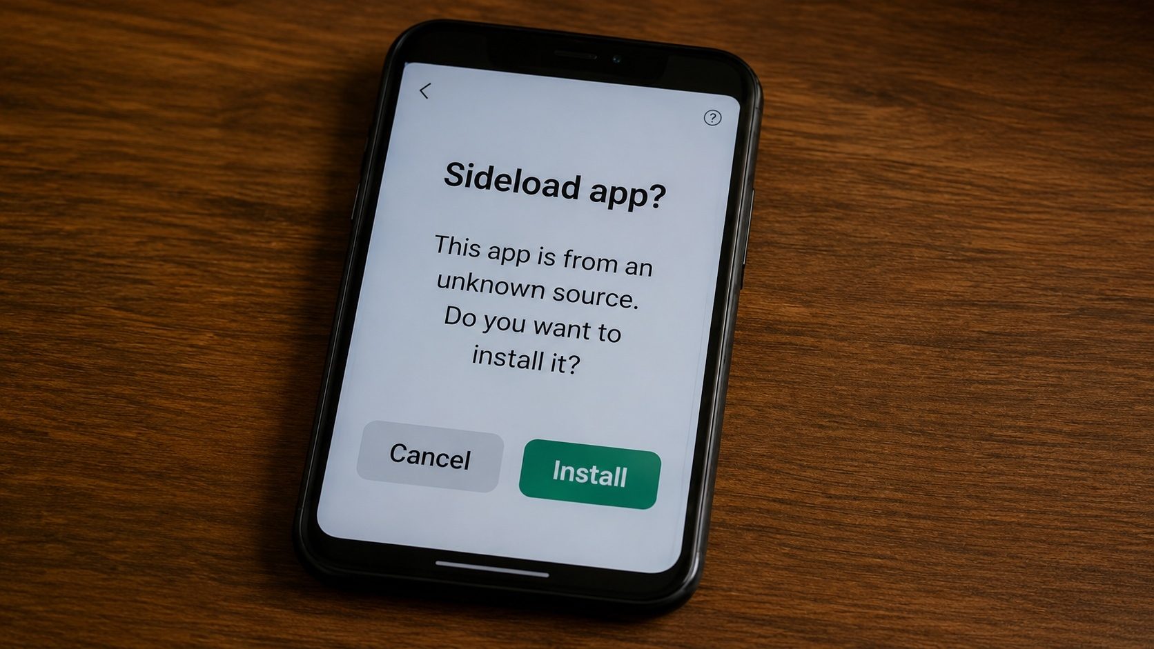 A hand connecting a USB cable to a phone with an unknown-sources note