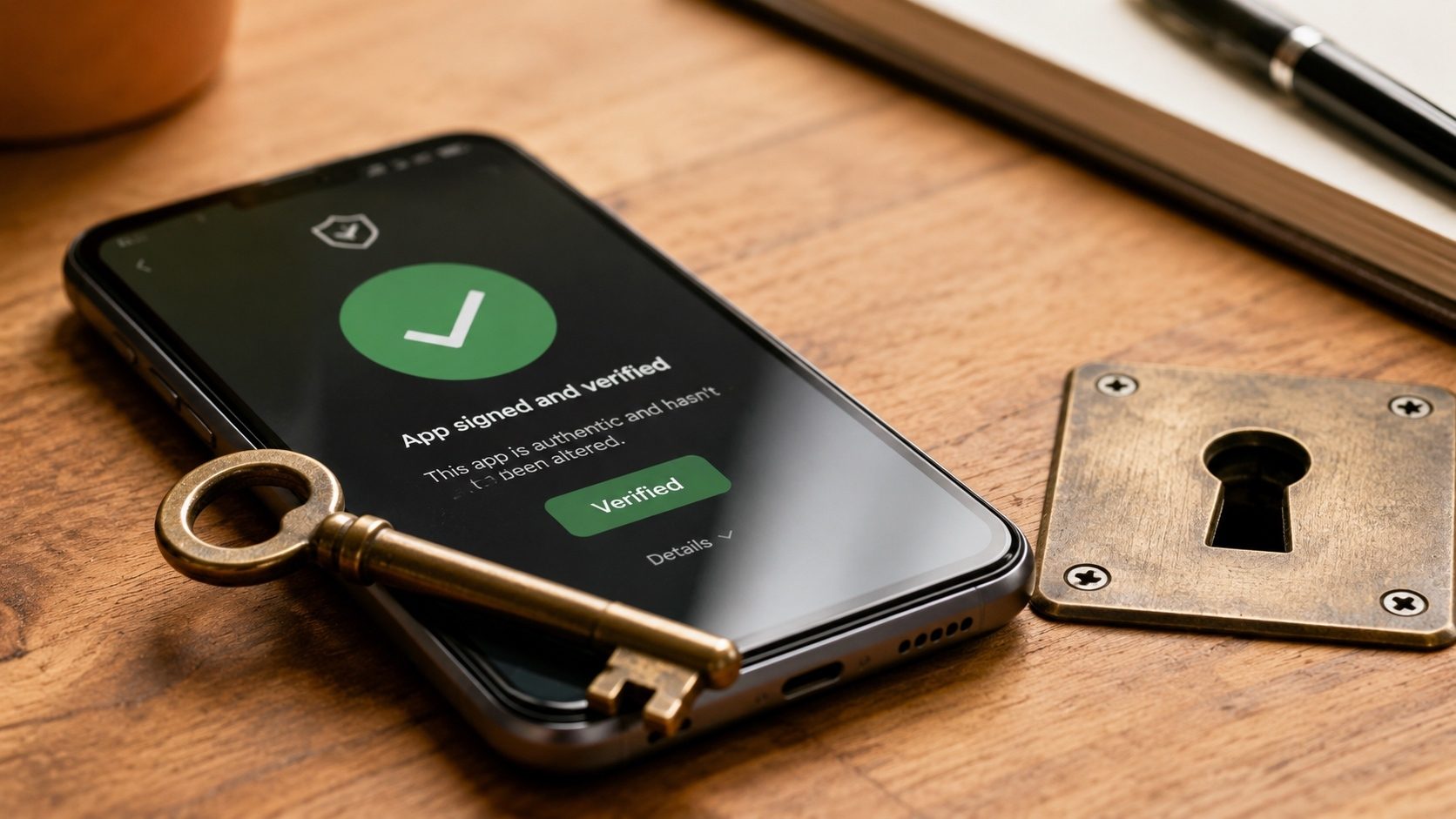 A brass key on a smartphone showing a verified checkmark, illustrating Android app signing