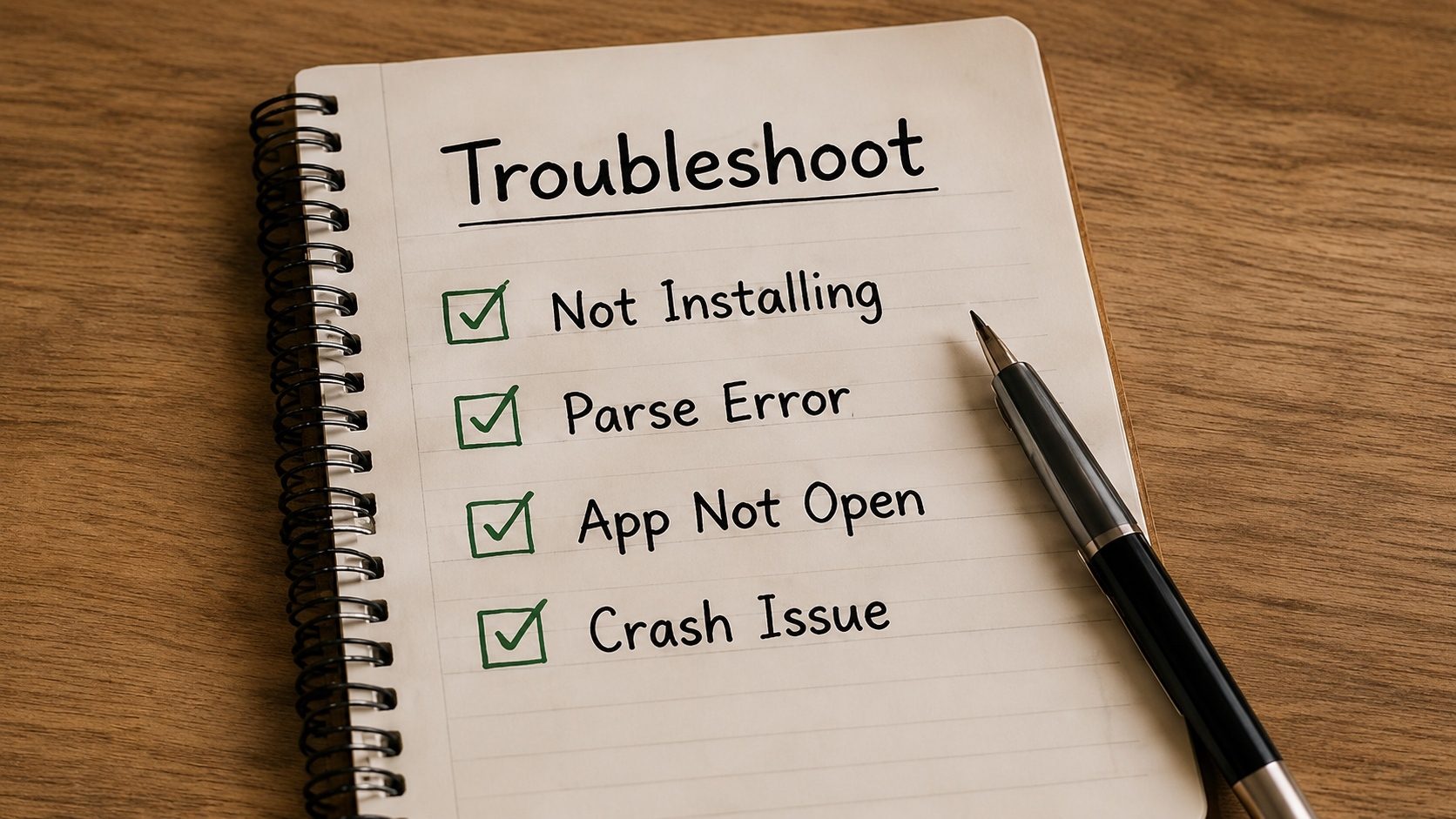 A smartphone showing an app-error dialog beside a troubleshooting checklist