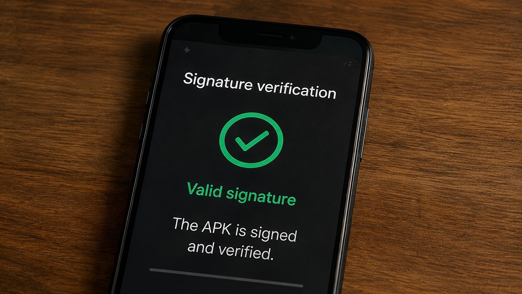 A magnifying glass over a phone showing a certificate and fingerprint, illustrating verifying APK signatures