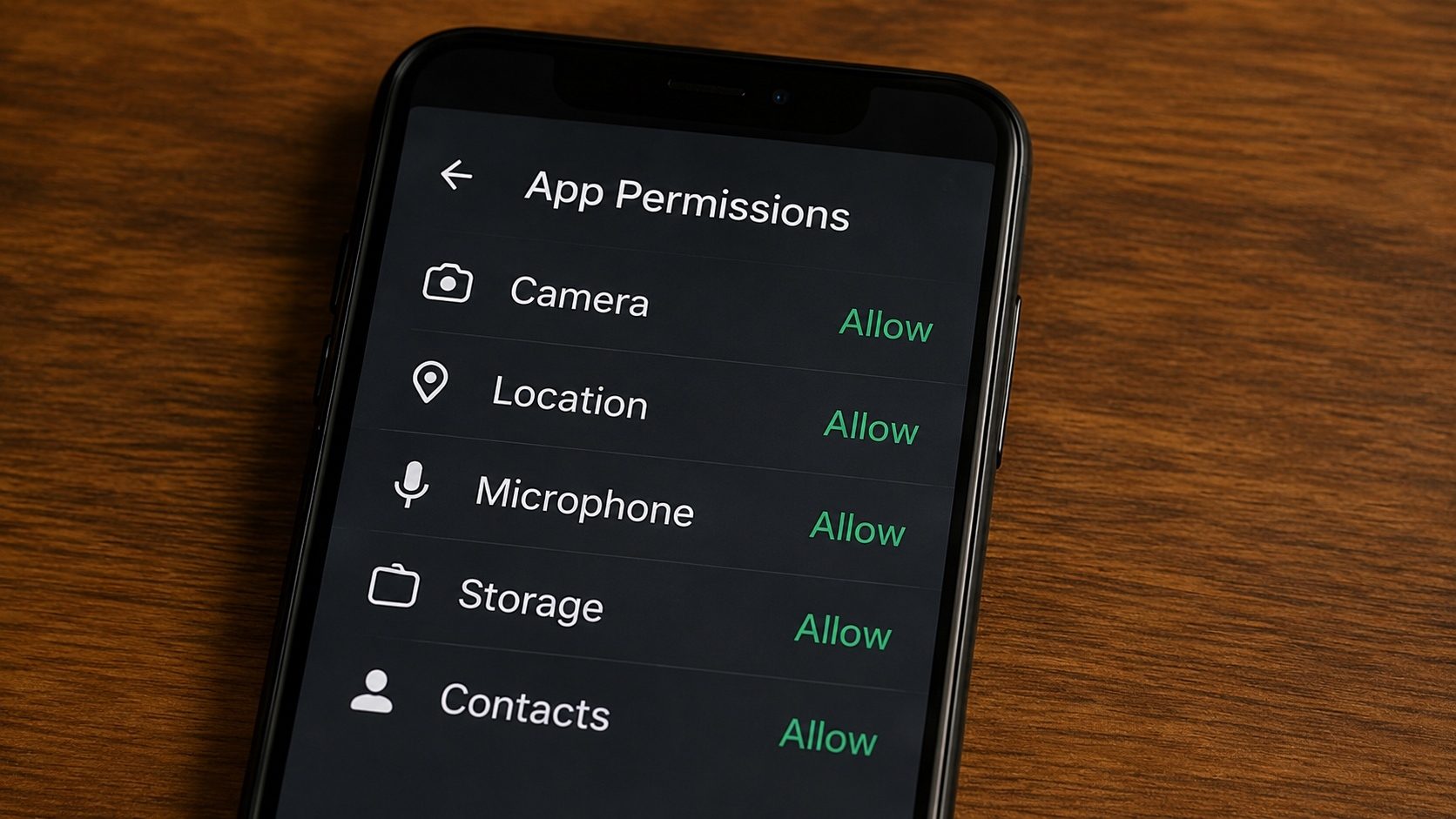 A smartphone showing a list of app permissions with a magnifying glass