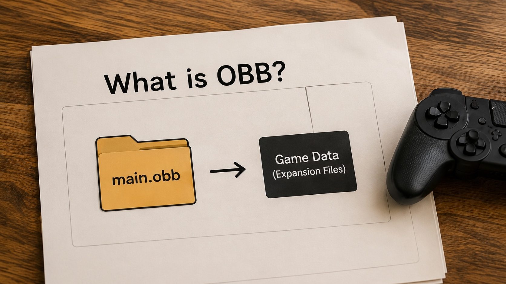 A smartphone with a large game beside an OBB crate and a smaller app card
